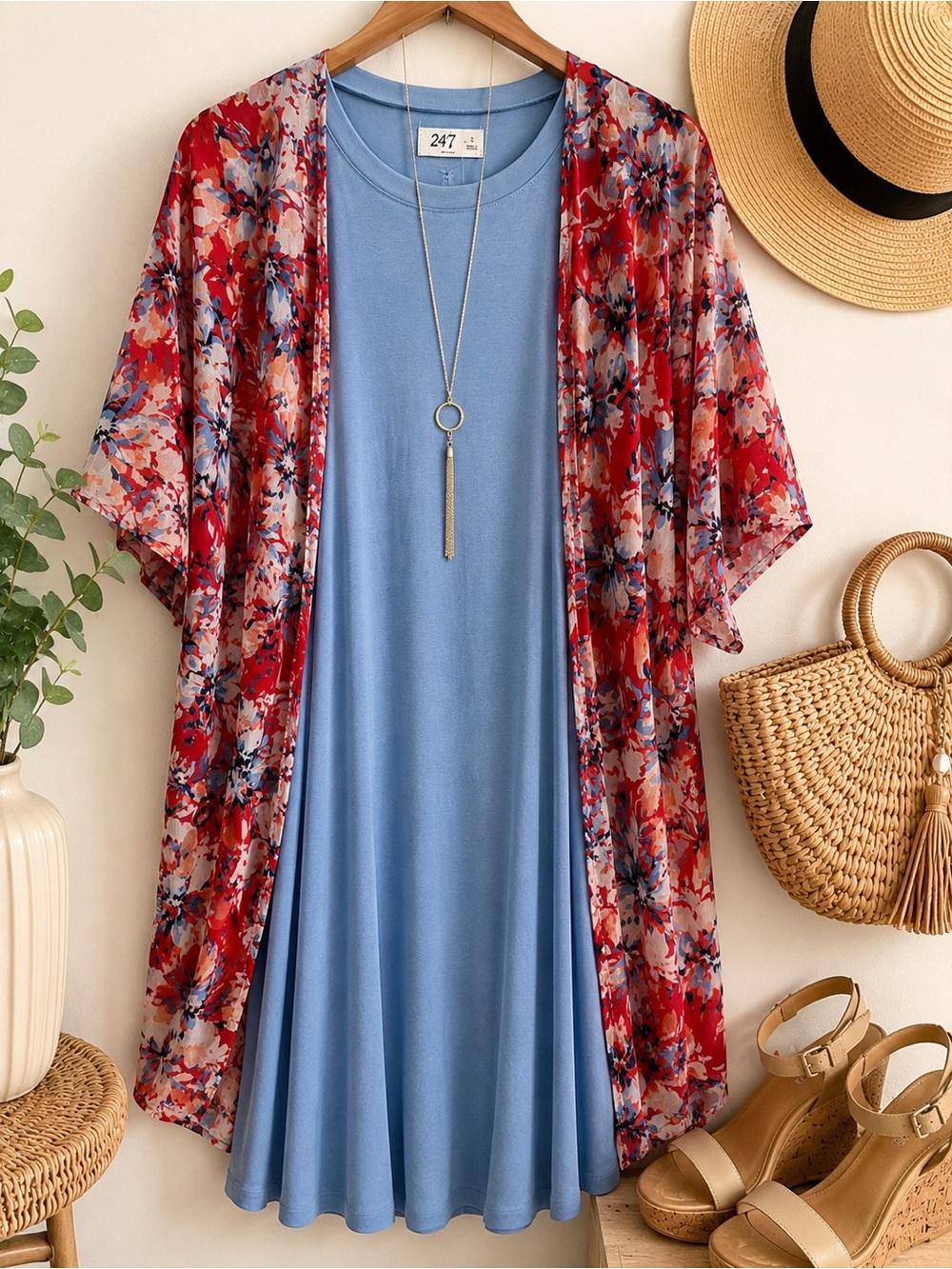 Maurices 24/7 Blue Sleeveless Dress & Red Floral Kimono Set Small NWT
